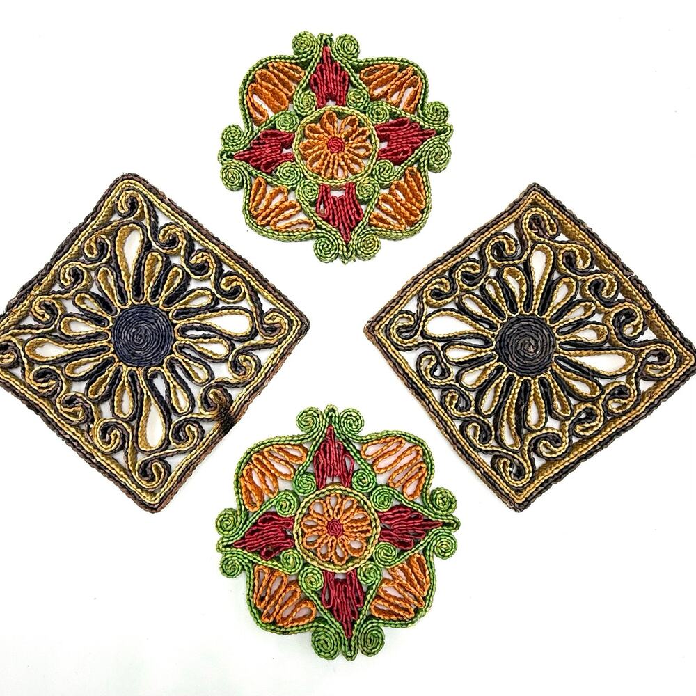 Vintage 1970s Boho Woven Trivets Lot 4 Colorful Hippie Wall Hanging Raffia Straw
